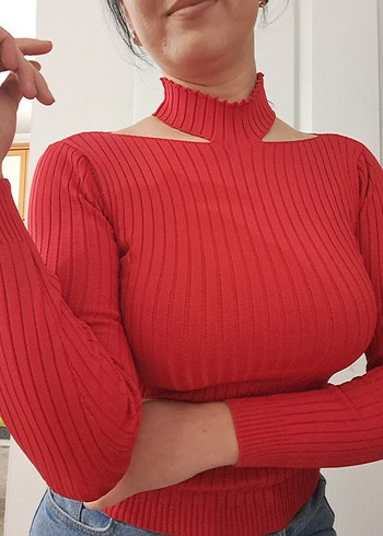 Kırmızı Yüksek Yakalı Kadın Triko Kazak - Görsel 2