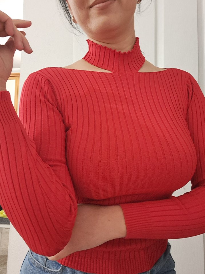 Kırmızı Yüksek Yakalı Kadın Triko Kazak - Görsel 2