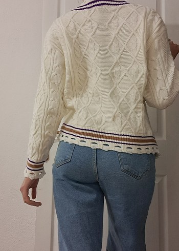 Mor Detaylı V Yaka Kadın Triko Kazak - Görsel 2