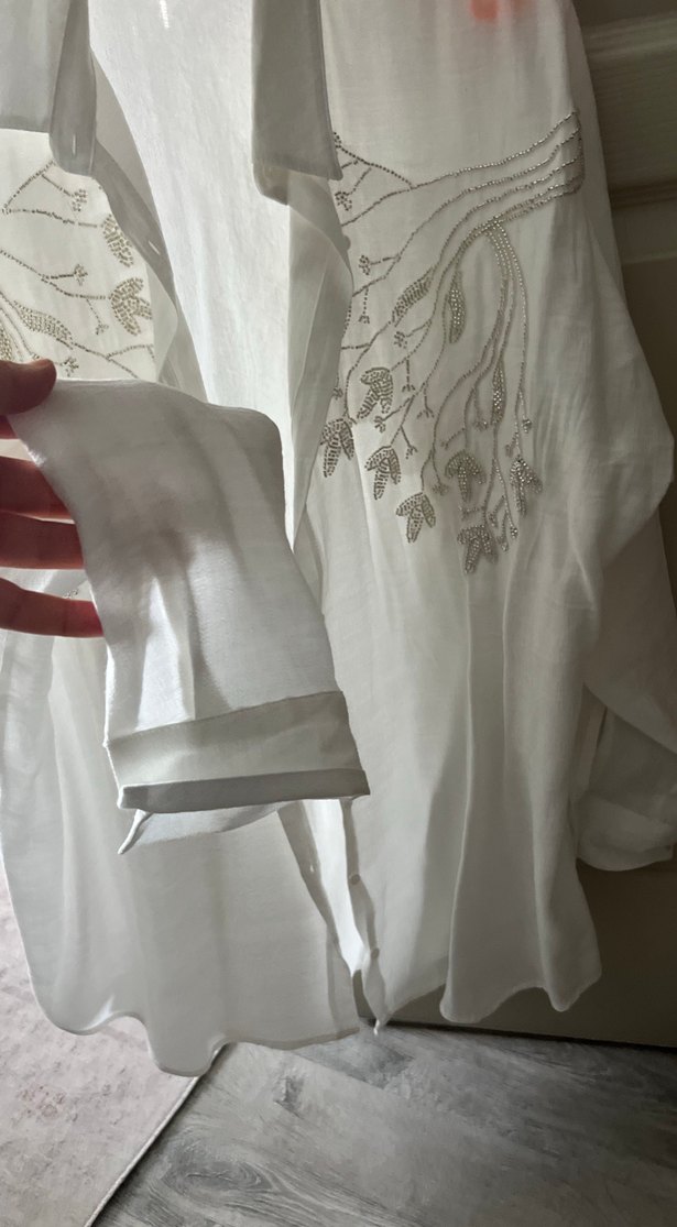 Nakışlı, uzun kollu, bol kesim keten gömlek - Görsel 2