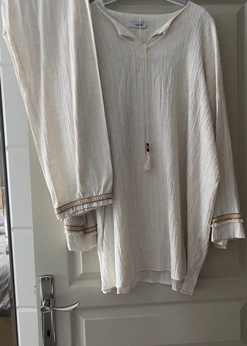 Püsküllü Uzun Kollu Beyaz Bohem Keten Tunik - Görsel 3