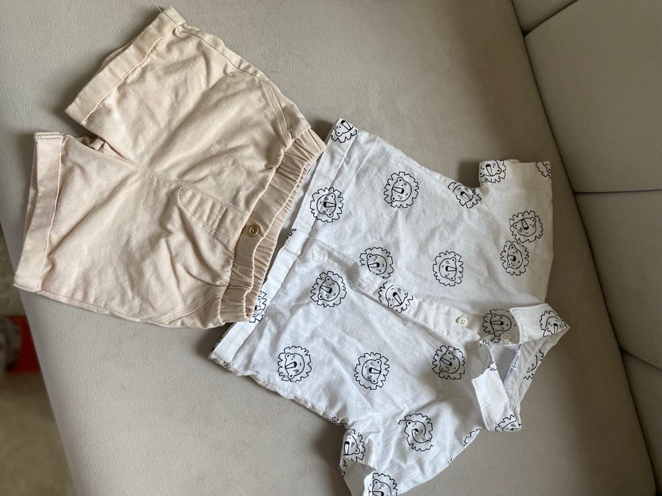 Gri Aslan Desenli Beyaz Keten Bebek Takımı - Görsel 4