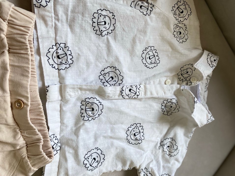 Gri Aslan Desenli Beyaz Keten Bebek Takımı - Görsel 2