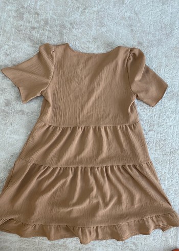 Bej V Yaka Fırfırlı Midi Keten Elbise - Görsel 3