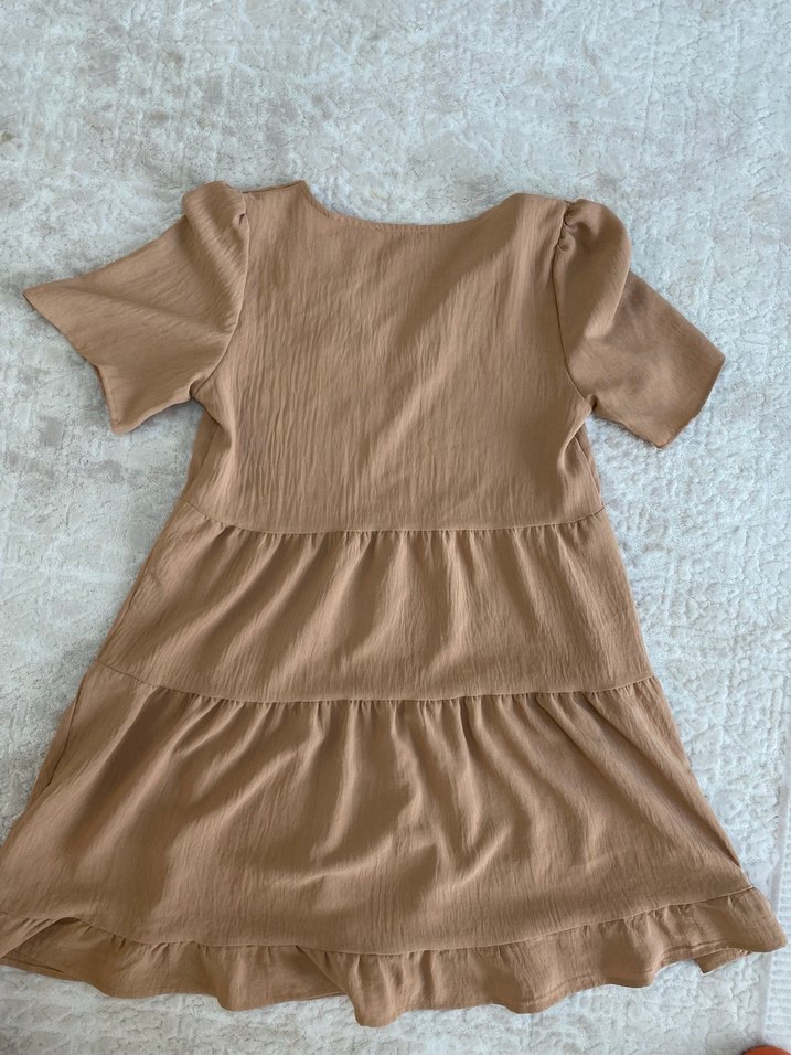 Bej V Yaka Fırfırlı Midi Keten Elbise - Görsel 3
