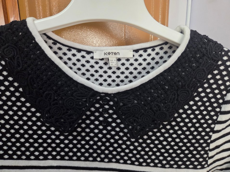 Dantel Yakalı Çizgili Örme Kısa Kollu Kadın triko - Görsel 3