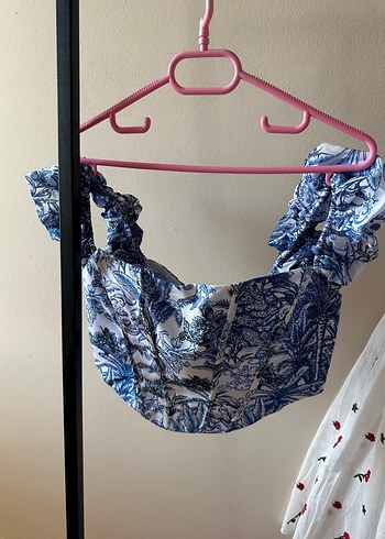 xs Beden Mavi beyaz korse crop