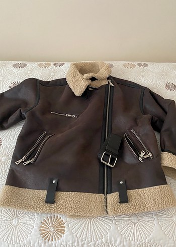 xs Beden Kürklü Kahverengi Deri Biker Ceket