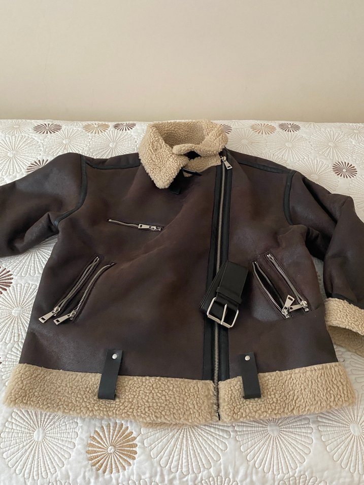 Kürklü Kahverengi Deri Biker Ceket - Görsel 2