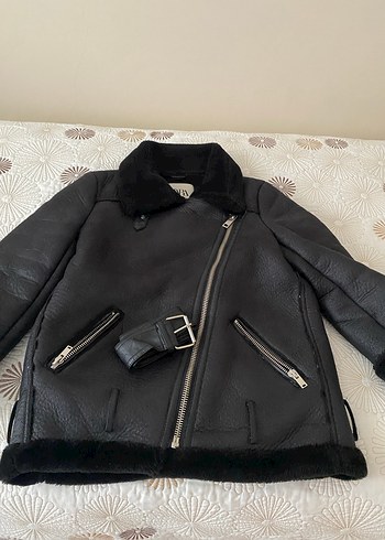 xs Beden Siyah Kürklü Deri Biker Ceket