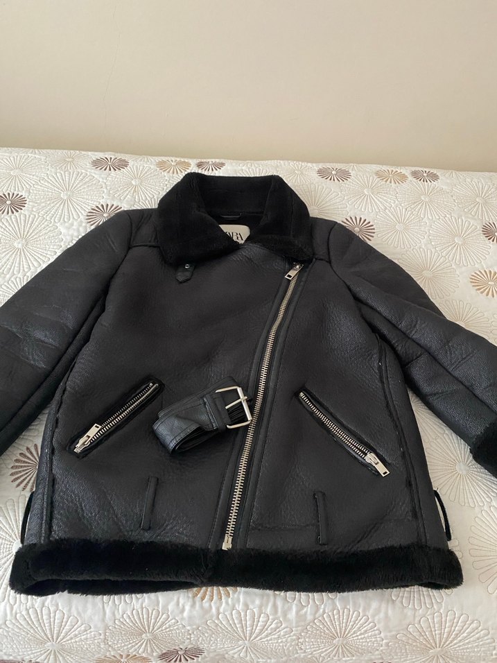 Siyah Kürklü Deri Biker Ceket - Görsel 2