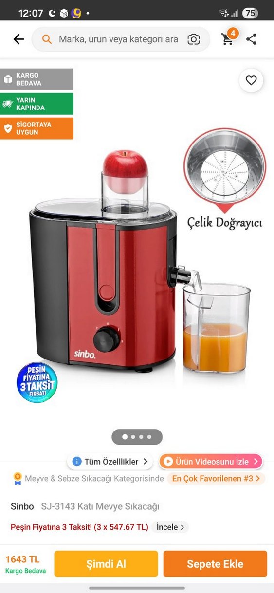 Sinbo Kırmızı Katı Meyve Sıkacağı - Görsel 2