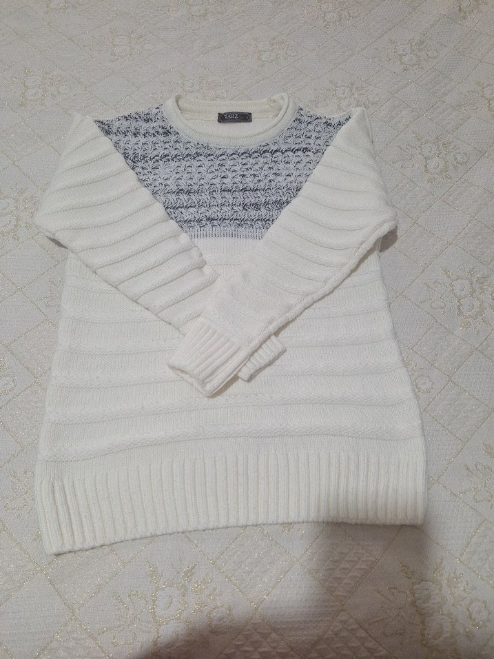 Gri-Beyaz Örgü Kadın Kazak - Görsel 3