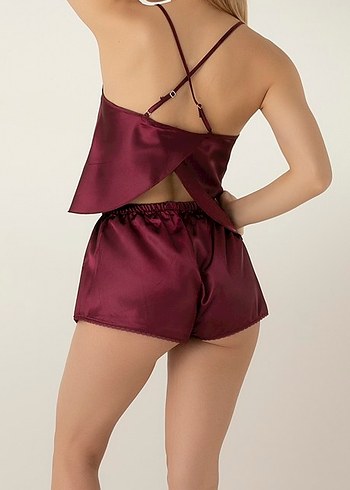 Doremi Bordo Parlak Mini Saten Kadın Pijama Takımı