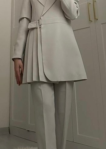 Bej Midi Kadın Takım Elbise, Kemerli, Regular Fit - Görsel 3