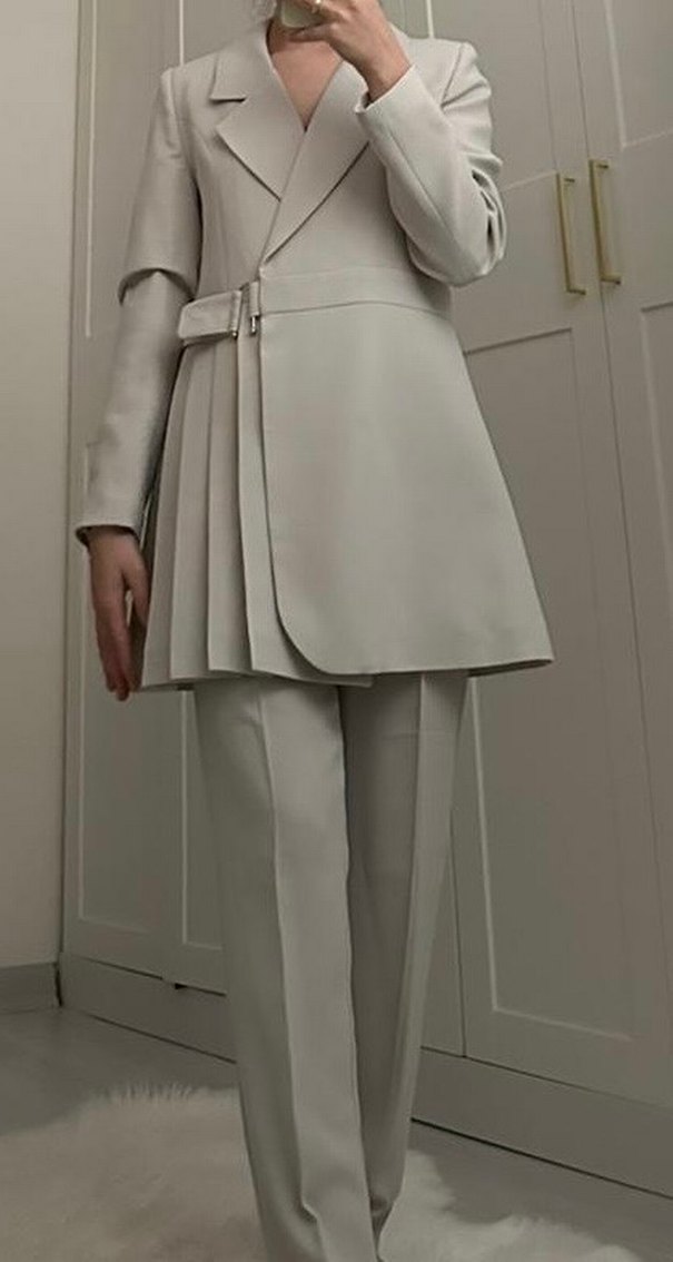 Bej Midi Kadın Takım Elbise, Kemerli, Regular Fit - Görsel 3