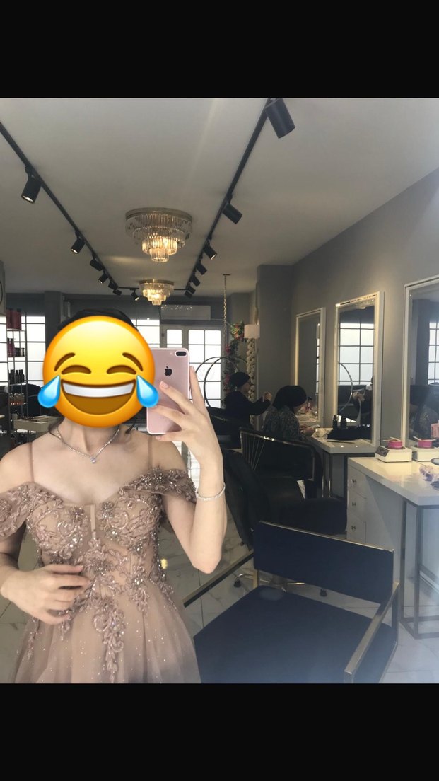 İşlemeli Drapeli Bej Uzun Abiye Elbise - Görsel 2