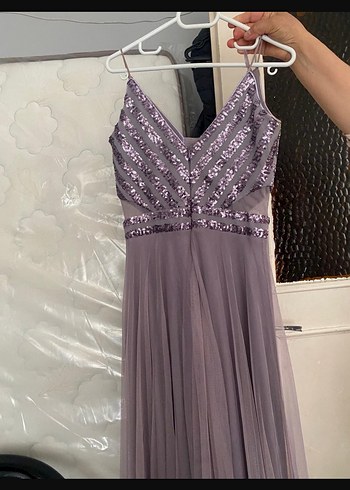 Uzun Mor Drapeli V Yaka Abiye Elbise - Görsel 2