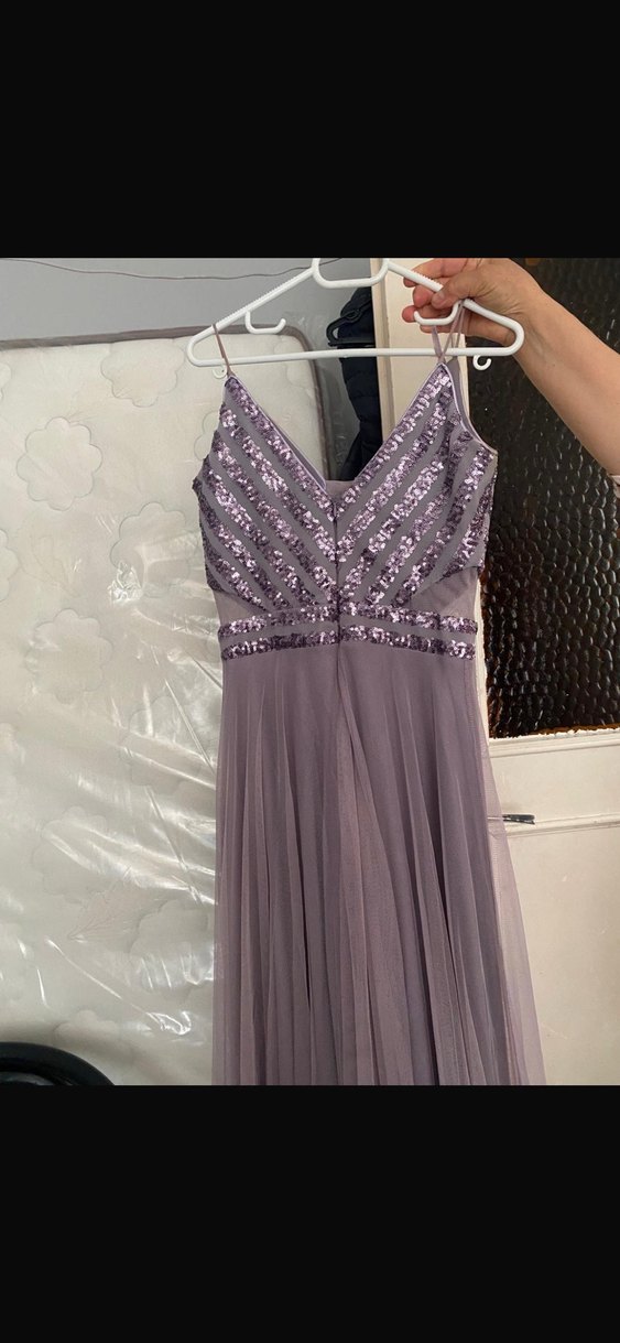 Uzun Mor Drapeli V Yaka Abiye Elbise - Görsel 2