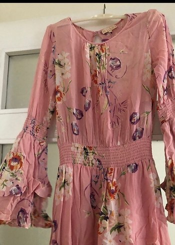 Pembe Bohem Uzun Kollu Elbise