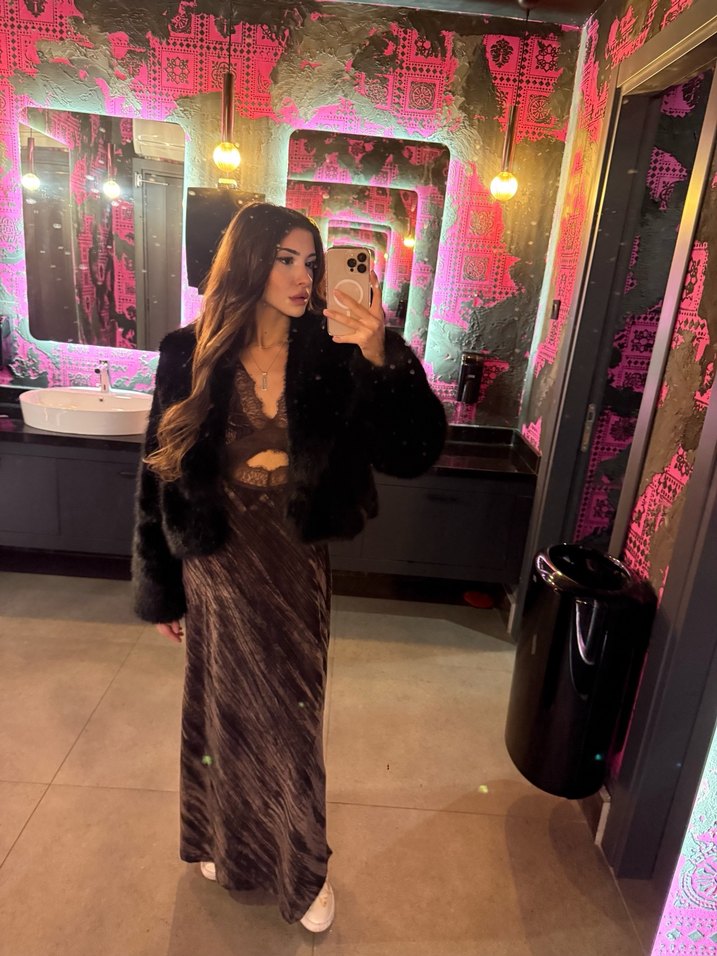 Zara dantelli kahverengi kadife elbise - Görsel 3