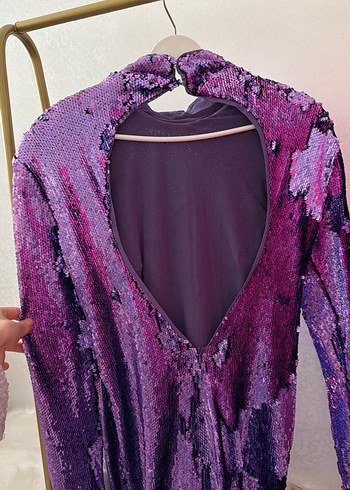 Parlak Mor Uzun Kollu Abiye Elbise - Görsel 2