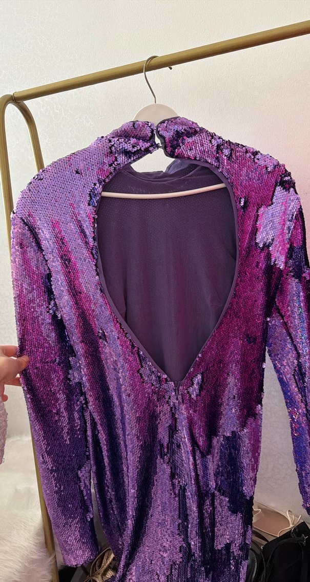 Parlak Mor Uzun Kollu Abiye Elbise - Görsel 2