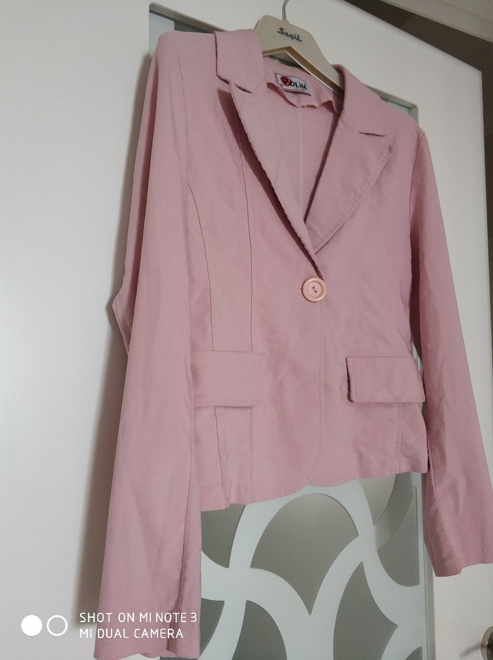 Düğmeli Pembe Keten Kadın Ceket - Görsel 4