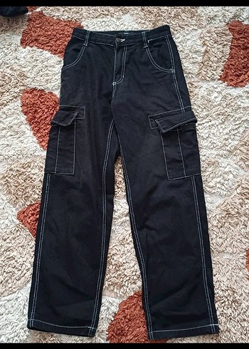 Siyah Rahat Kesim Unisex Kargo Pantalon