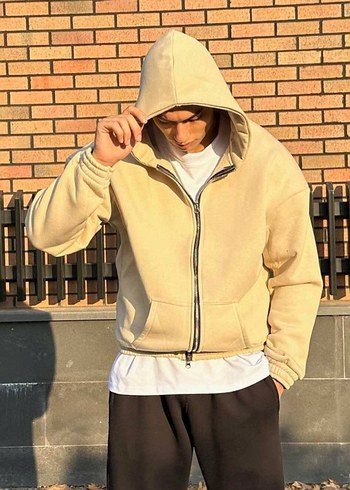Bej Kapüşonlu Erkek Oversize Sweatshirt - Görsel 3