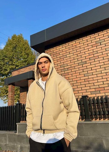 Bej Kapüşonlu Erkek Oversize Sweatshirt