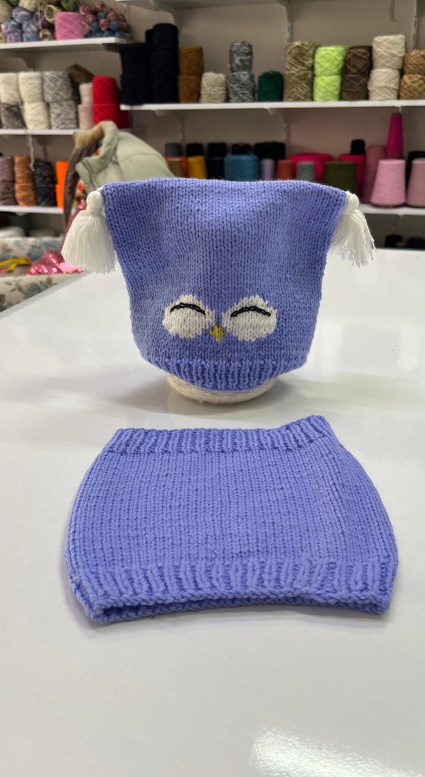 Mor Nakışlı Çocuk Bere ve Boyunluk Takımı - Görsel 2