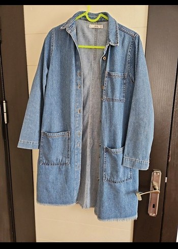 Düğmeli Uzun Mavi Denim Ceket