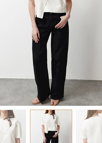 m Beden Beyaz Baskılı Denim Kısa Kollu Tişört