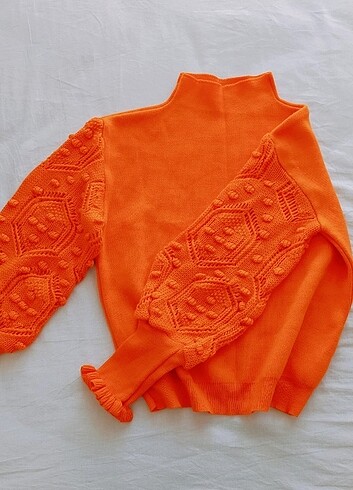 universal Beden turuncu Renk Dokulu balon kollu kazak