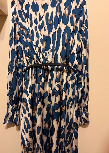 Kemerli Uzun Kol V Yaka Mavi Elbise - Görsel 3