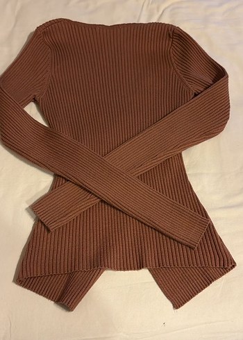 Kahverengi V Yaka Örgü Kadın Kazak - Görsel 3