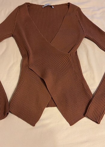 Kahverengi V Yaka Örgü Kadın Kazak - Görsel 2