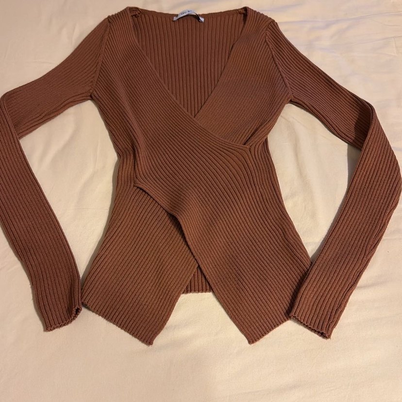 Kahverengi V Yaka Örgü Kadın Kazak - Görsel 2