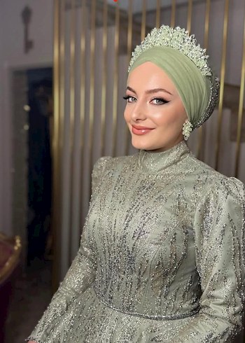 Yeşil Payetli Bohem Gelin Tacı ve Küpe Seti - Görsel 2