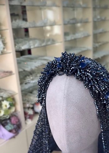 Boncuk İşlemeli Lacivert Örgü Saç Aksesuarı - Görsel 2