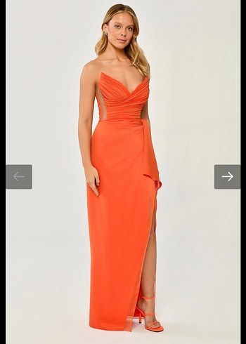 Turuncu Drapeli Uzun Straplez Abiye Elbise - Görsel 4