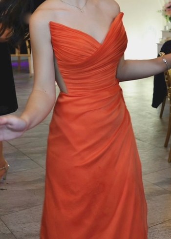 Turuncu Drapeli Uzun Straplez Abiye Elbise - Görsel 7