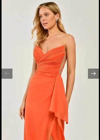 Turuncu Drapeli Uzun Straplez Abiye Elbise - Görsel 2