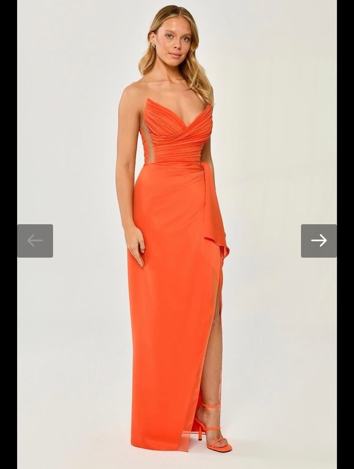 Turuncu Drapeli Uzun Straplez Abiye Elbise - Görsel 4
