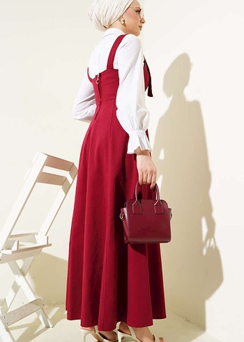 Bordo Uzun Askılı Drapeli Elbise - Görsel 3