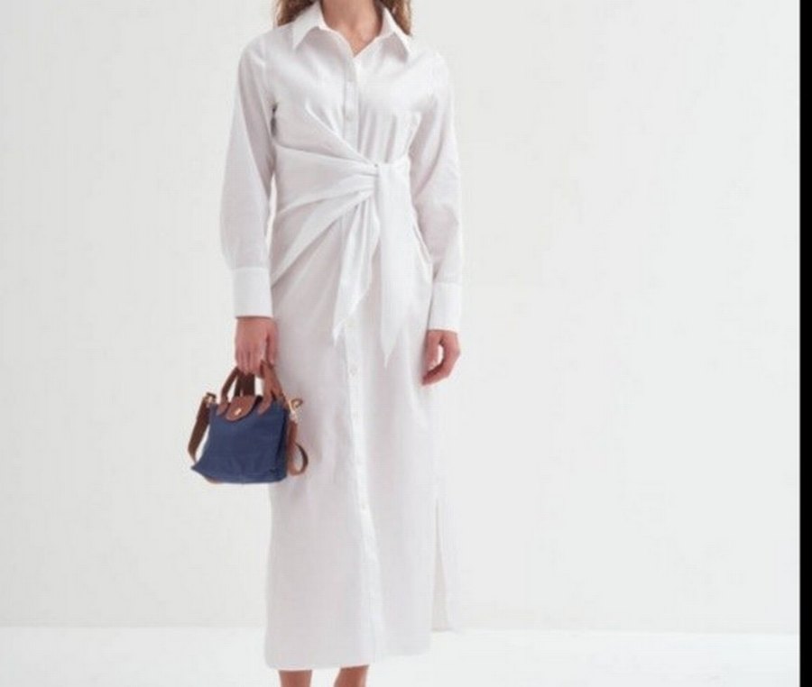 Beyaz Gömlek Elbise Bağlamalı - Görsel 2