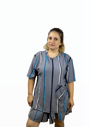 42 Beden gri Renk Çizgili Tsort-şort takım