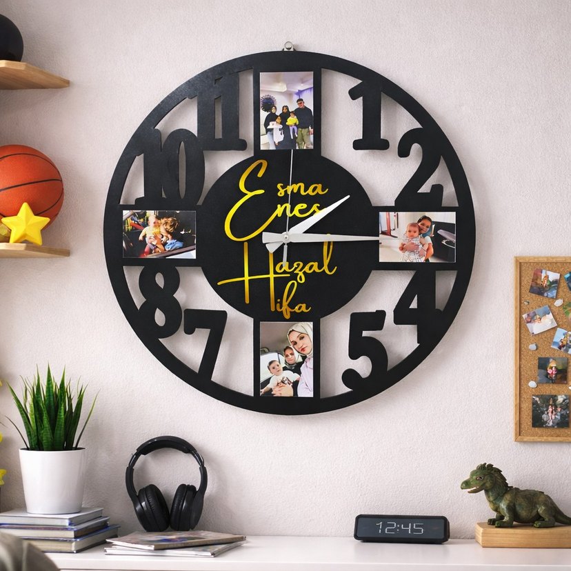 Kişiye Özel Siyah Duvar Saati Fotoğraflı - Görsel 2