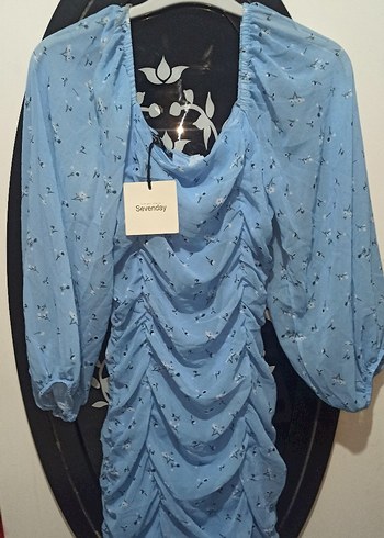 Mavi V Yakalı Uzun Kollu Kadın Elbise - Görsel 2